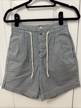 ba&sh Navy and White Striped High-Waist Drawstring Shorts